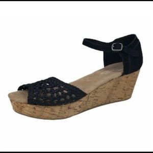 TOMS Black Platform Wedge Weave Sandal Ankle-Strap